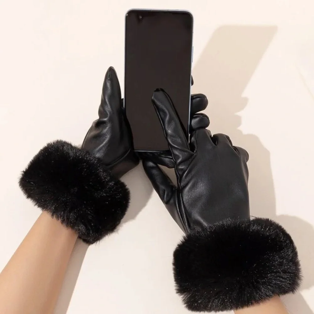 1pair Women's Leather Touchscreen Gloves With Fuzzy Lining, Warm And Windproof
